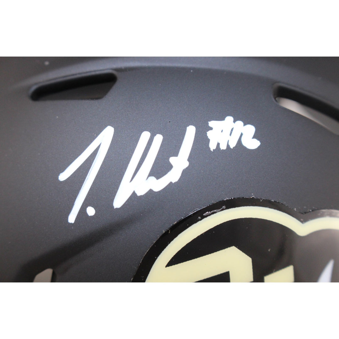 Travis Hunter Signed Colorado Buffaloes Black Mini Helmet Beckett Witness 53350