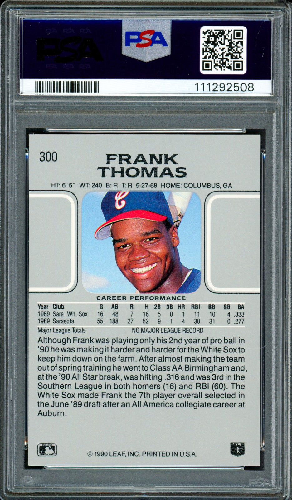 Frank Thomas Signed 1990 Leaf RC 300 Chicago White Sox PSA 8 Auto GM 10 PSA/DNA