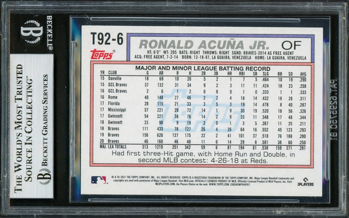 Ronald Acuna Jr. Signed 2021 Topps Update 1992 Redux Card T92-6 Braves Beckett
