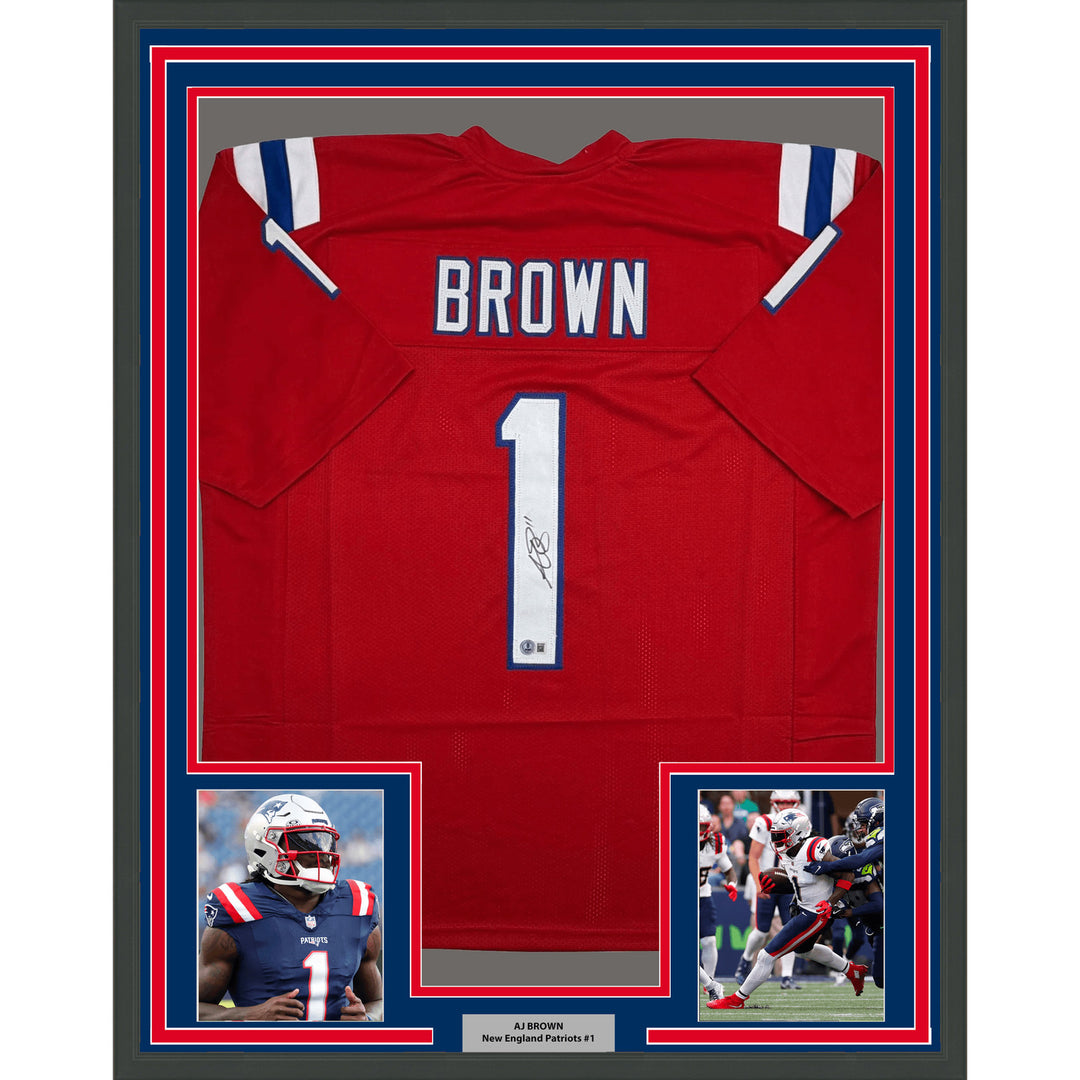 Framed Autographed/Signed AJ Brown 35x39 New England Red Jersey BAS COA