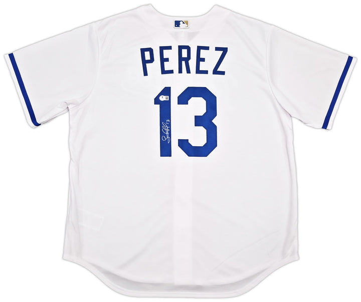Kansas City Royals Salvador Perez Signed White Nike Jersey Size XL Beckett Wit
