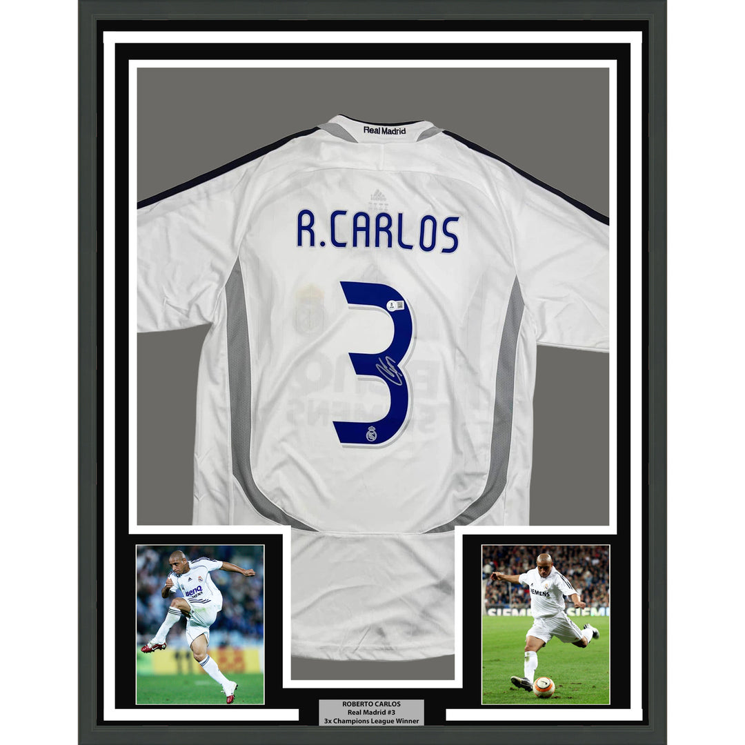 Framed Autographed/Signed Roberto Carlos 35x39 Real Madrid White Jersey BAS COA