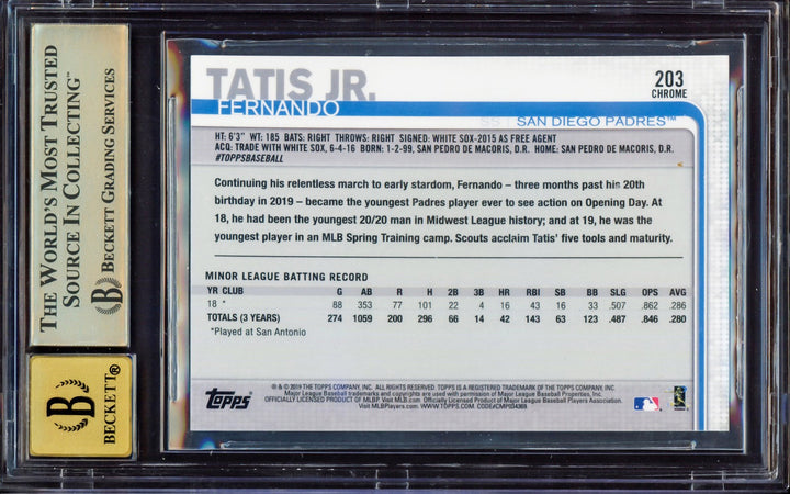 Fernando Tatis Jr Auto Signed 2019 Topps Chrome RC 203 BGS 9.5 Sig 10 Beckett