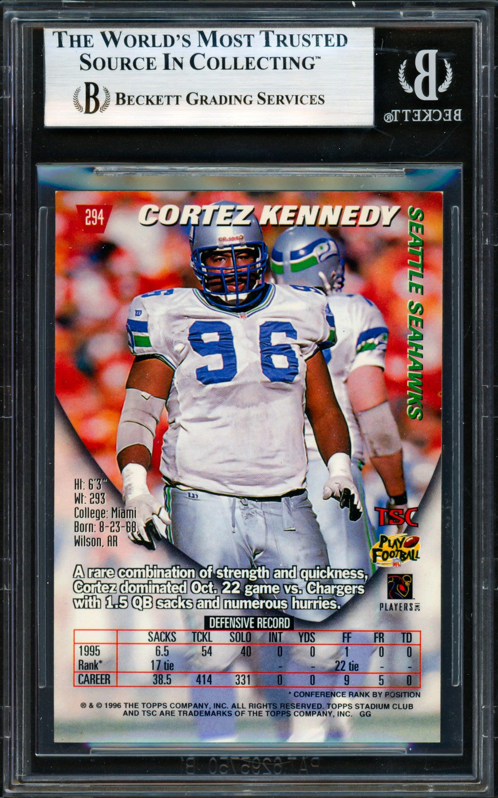 Cortez Kennedy Signed 1996 Stadium Club Card #294 Seahawks Beckett #19958212