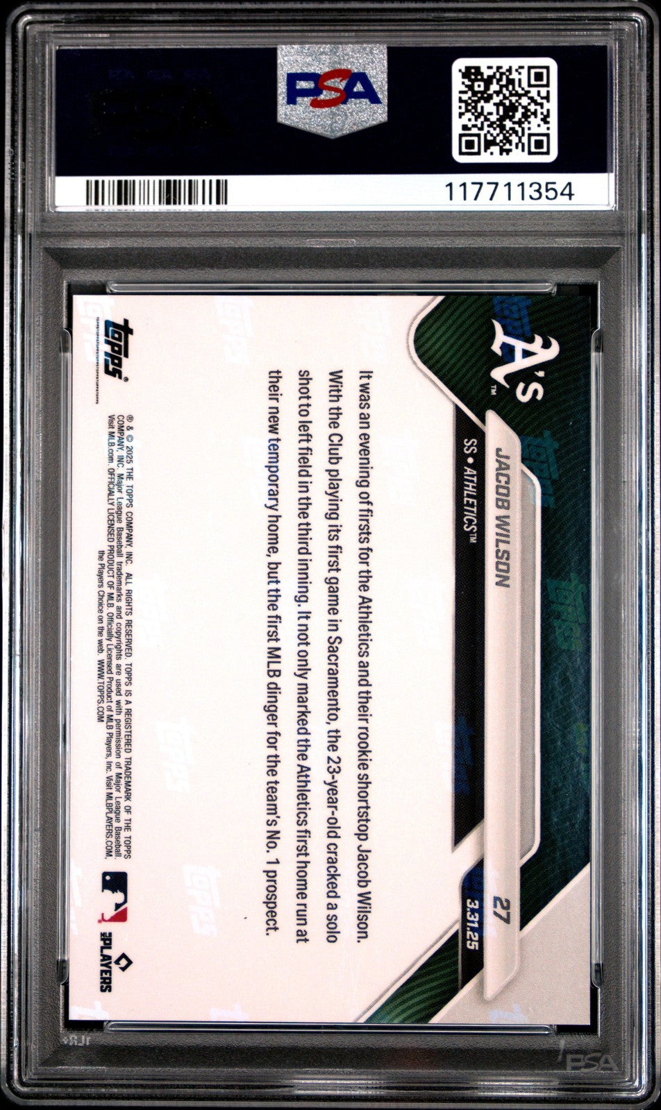 Graded 2025 Topps Now Jacob Wilson #27 Rookie RC Card PSA 10 Gem Mint