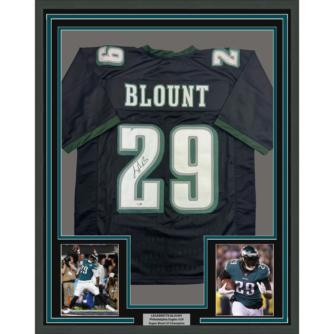 Framed Signed LeGarrette Blount 35x39 Philadelphia Black Jersey JSA COA