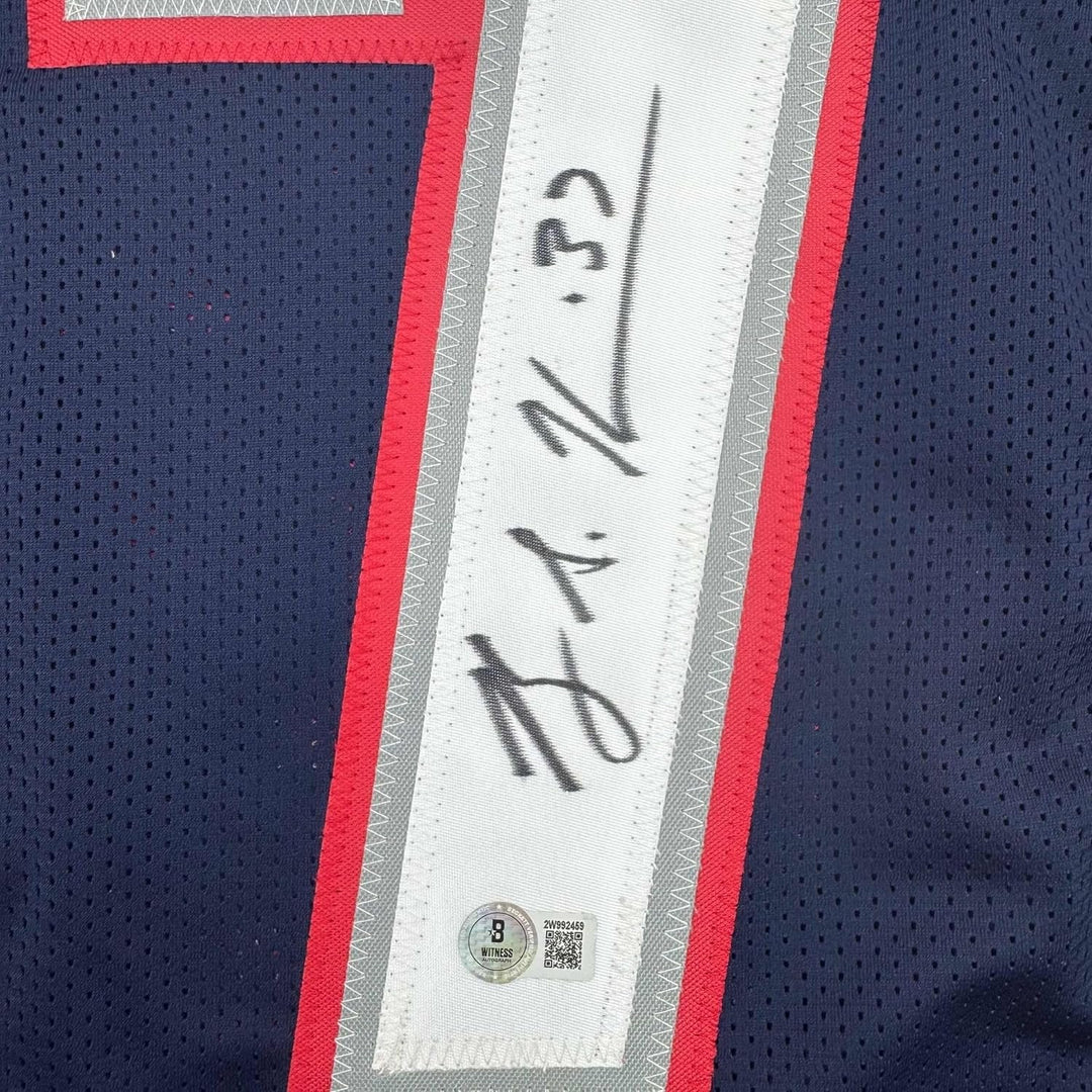 Framed Autographed/Signed Rodney Harrison 35x39 Blue Jersey Beckett BAS COA