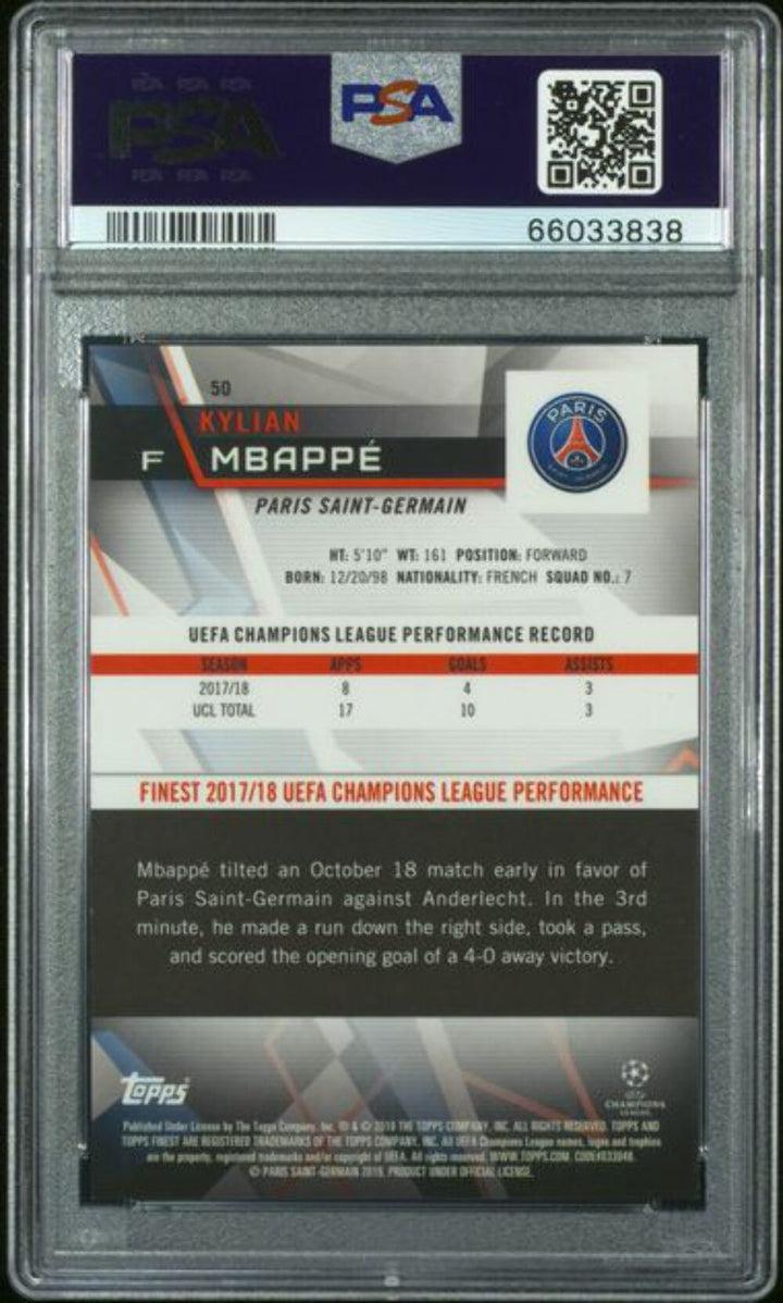 Graded 2018 Topps Finest UCL Kylian Mbappe #50 Green Refractor /99 Card PSA 10