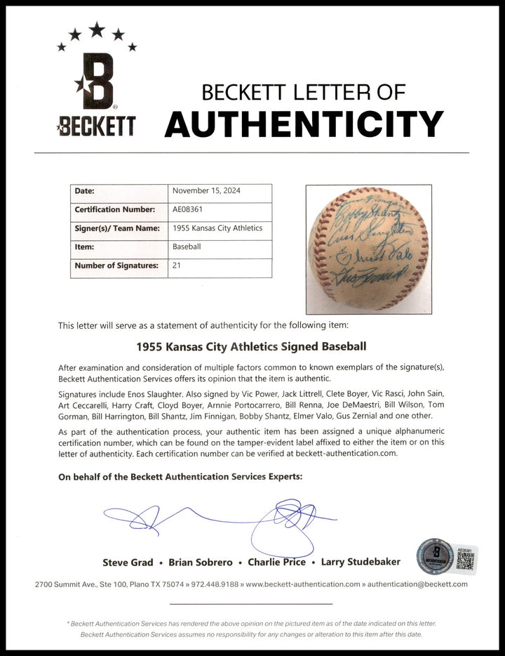 1955 Kansas City As Team Auto Harridge AL Baseball 21 Sig Enos Slaughter Beckett