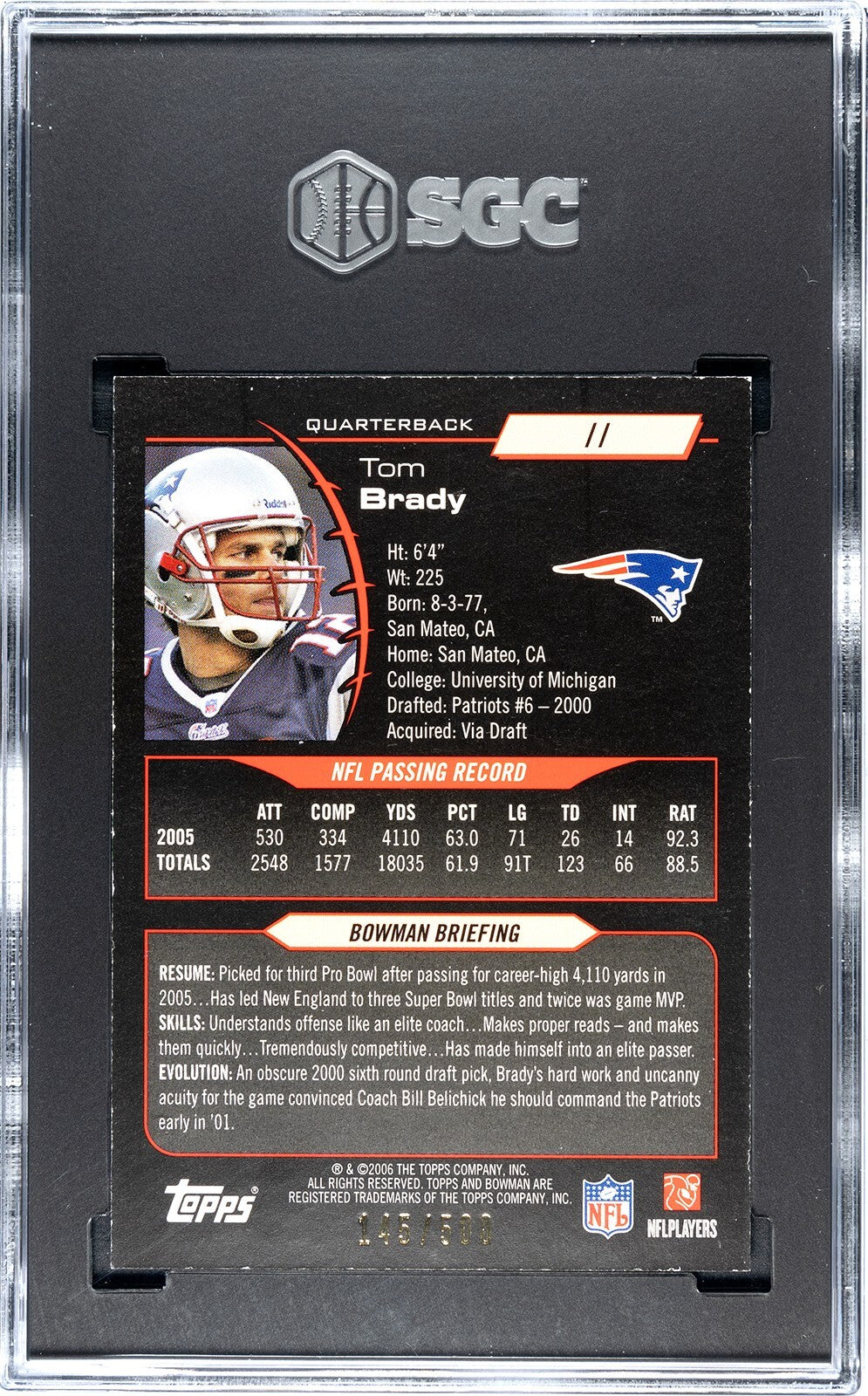 Tom Brady 2006 Bowman Blue Card #11 Patroits - /500- SGC Graded 8 NM-MT