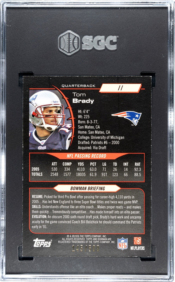 Tom Brady 2006 Bowman Blue Card #11 Patroits - /500- SGC Graded 8 NM-MT