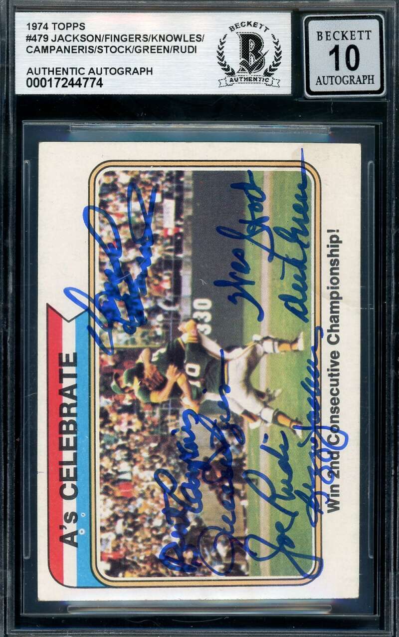 Jackson Fingers Campaneris Rudi Gem Mint 10 Beckett BAS Signed by 7 1974 Topps