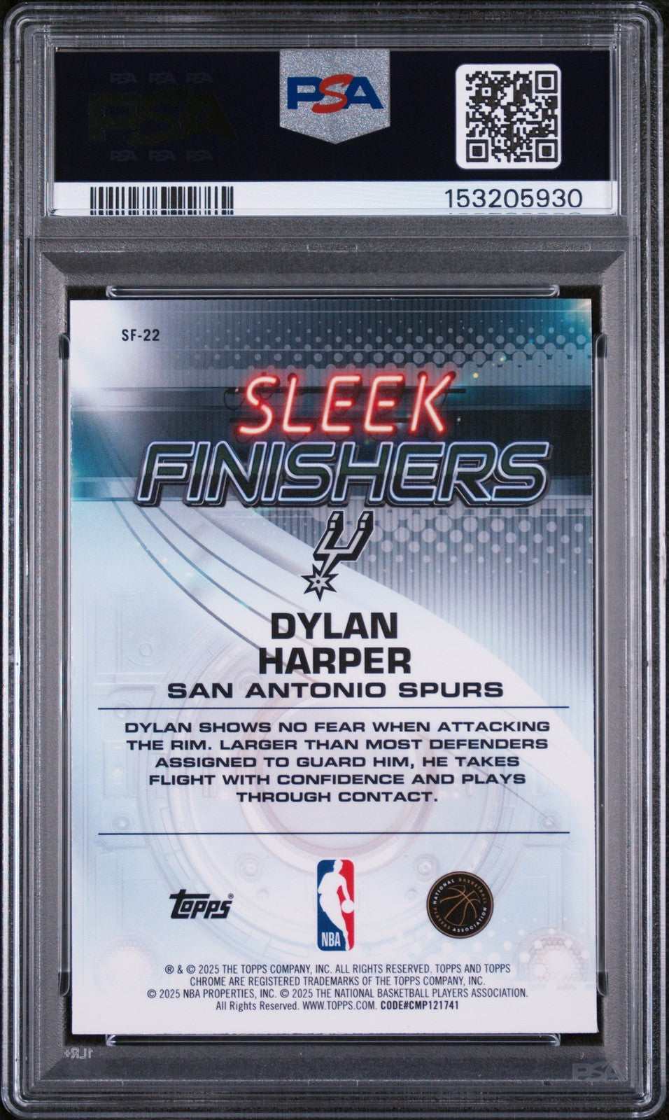 Graded 2025 Topps Chrome Dylan Harper #SF-22 Sleek Finishers RC Card PSA 10