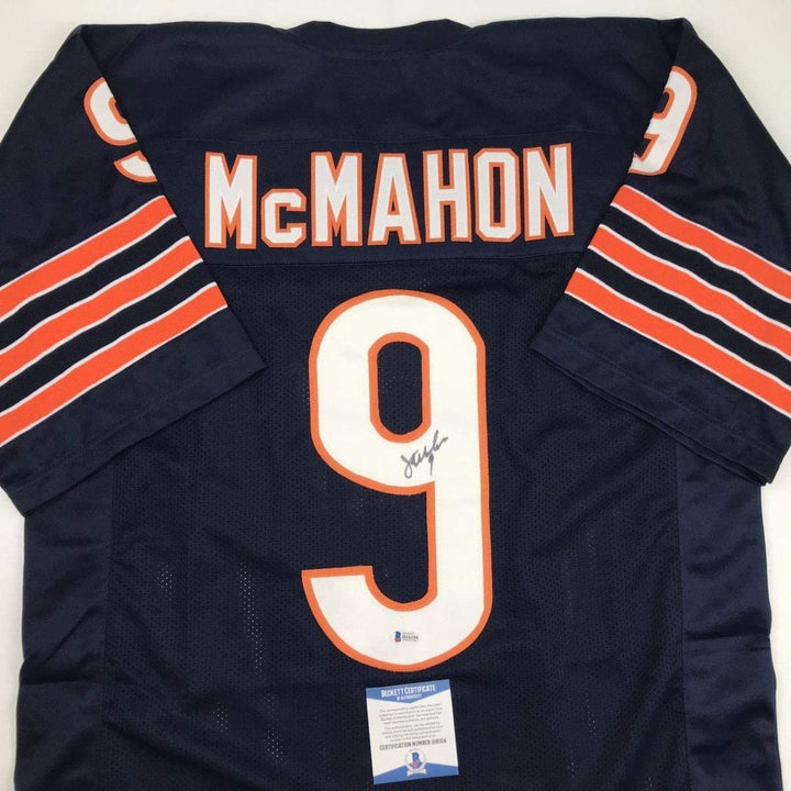 Autographed/Signed JIM MCMAHON Chicago Blue Jersey Beckett BAS COA Auto