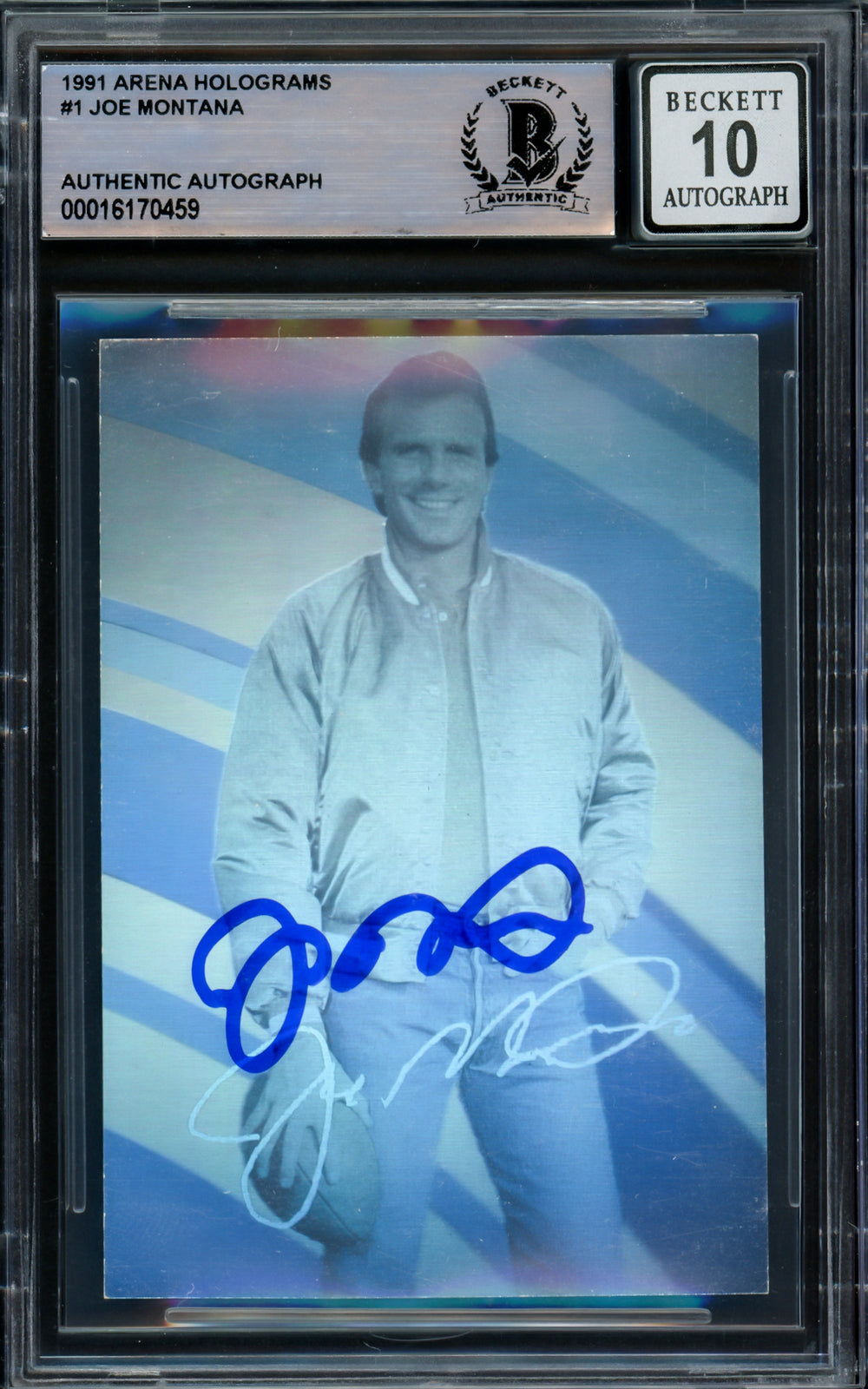 Joe Montana Autographed 1991 Arena Hologram Card Gem 10 Auto Beckett 16170459