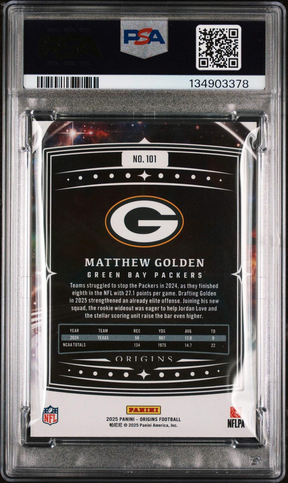 Graded 2025 Panini Origins Matthew Golden #101 Rookie RC Football Card PSA 9