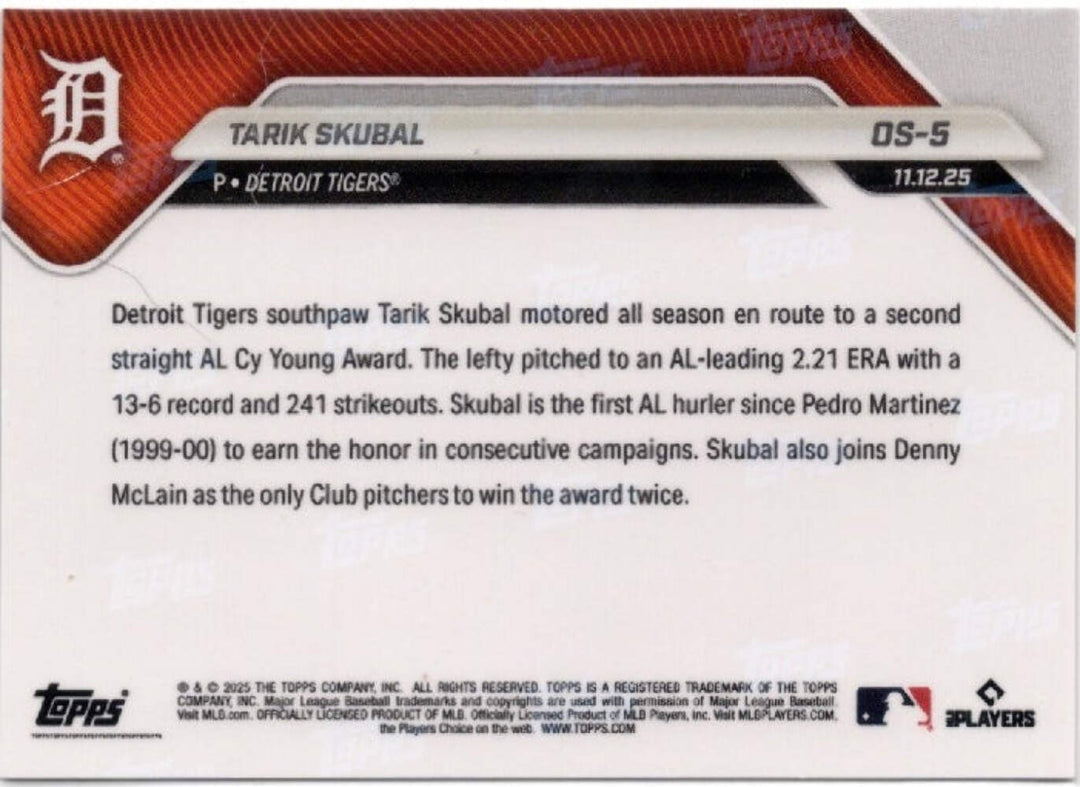 2025 Topps Now Tarik Skubal #OS5 Gold Foil /50 Detroit Tigers Baseball Card