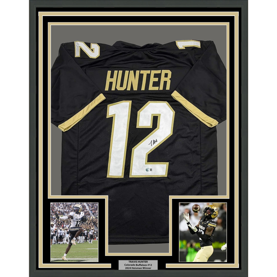 Framed Autographed/Signed Travis Hunter 35x39 Colorado Black Jersey Beckett COA