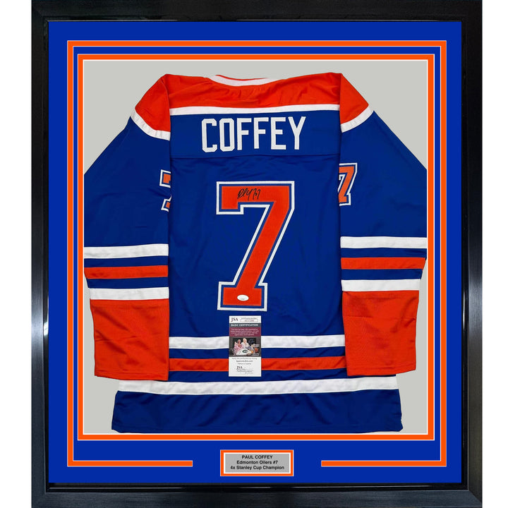 Framed Autographed/Signed Paul Coffey 35x39 Edmonton Blue Hockey Jersey JSA COA
