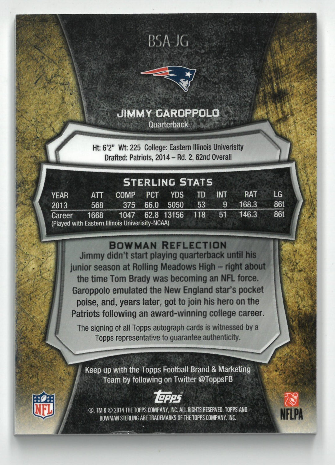 Jimmy Garoppolo signed 2014 Topps/Bowman Sterling Certified Auto Rookie/RC Card