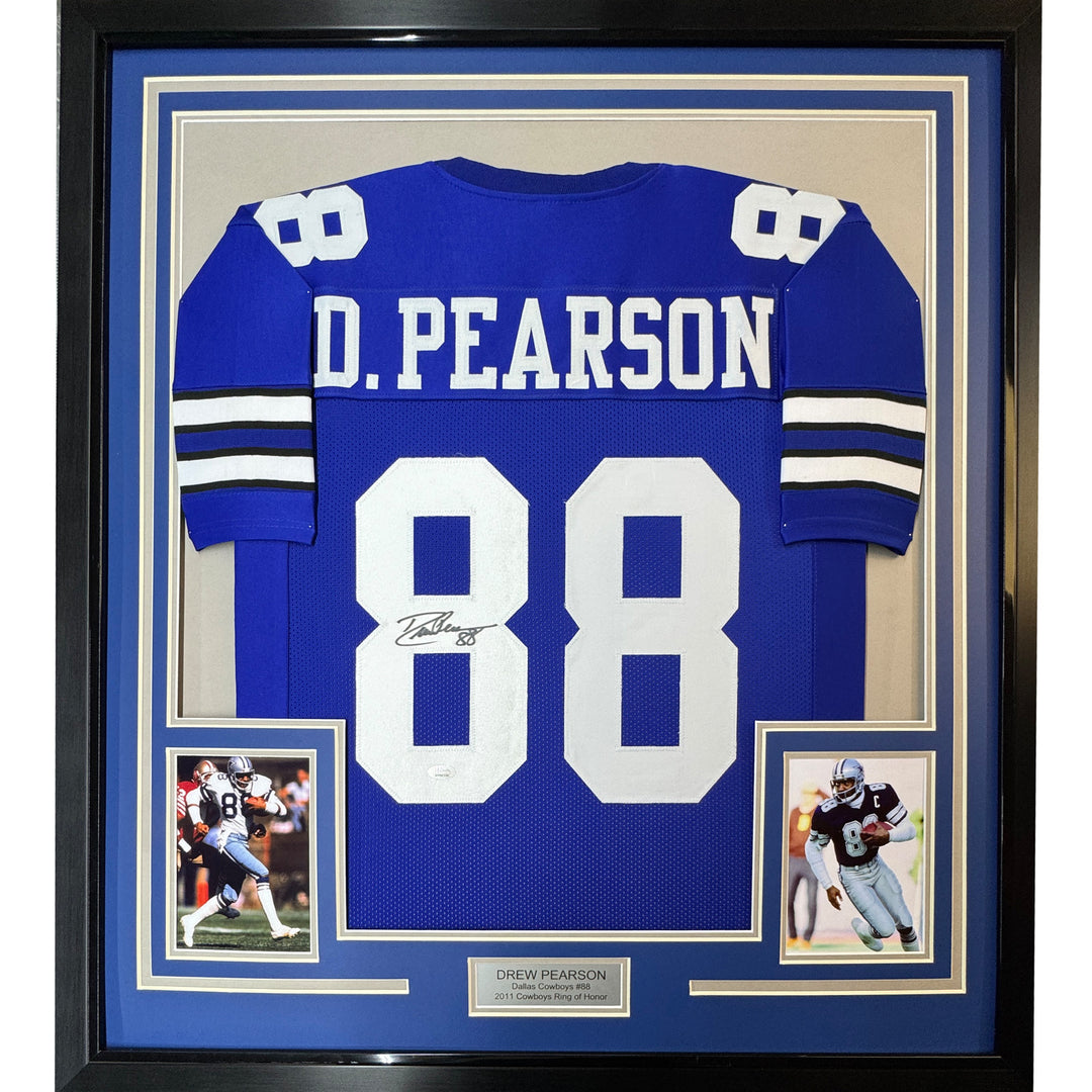FRAMED Autographed/Signed DREW PEARSON 33x42 Dallas Blue Football Jersey JSA COA