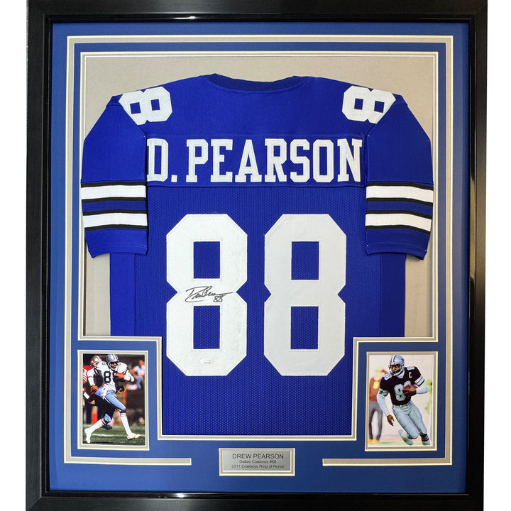 FRAMED Autographed/Signed DREW PEARSON 33x42 Dallas Blue Football Jersey JSA COA