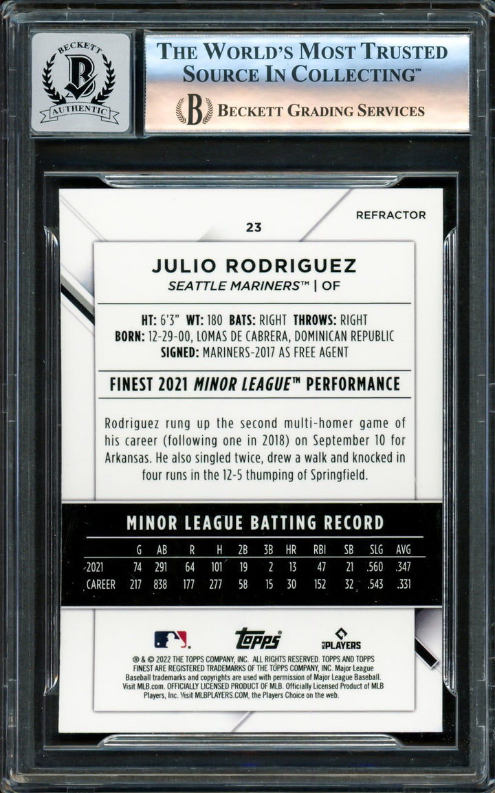 Julio Rodriguez Auto 2022 Topps Finest Refractors RC 23 Mariners Auto 10 Beckett