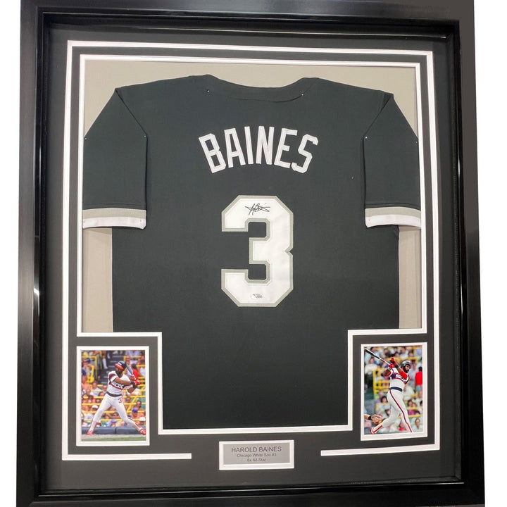 FRAMED Autographed/Signed HAROLD BAINES 33x42 Chicago Black Jersey BAS COA