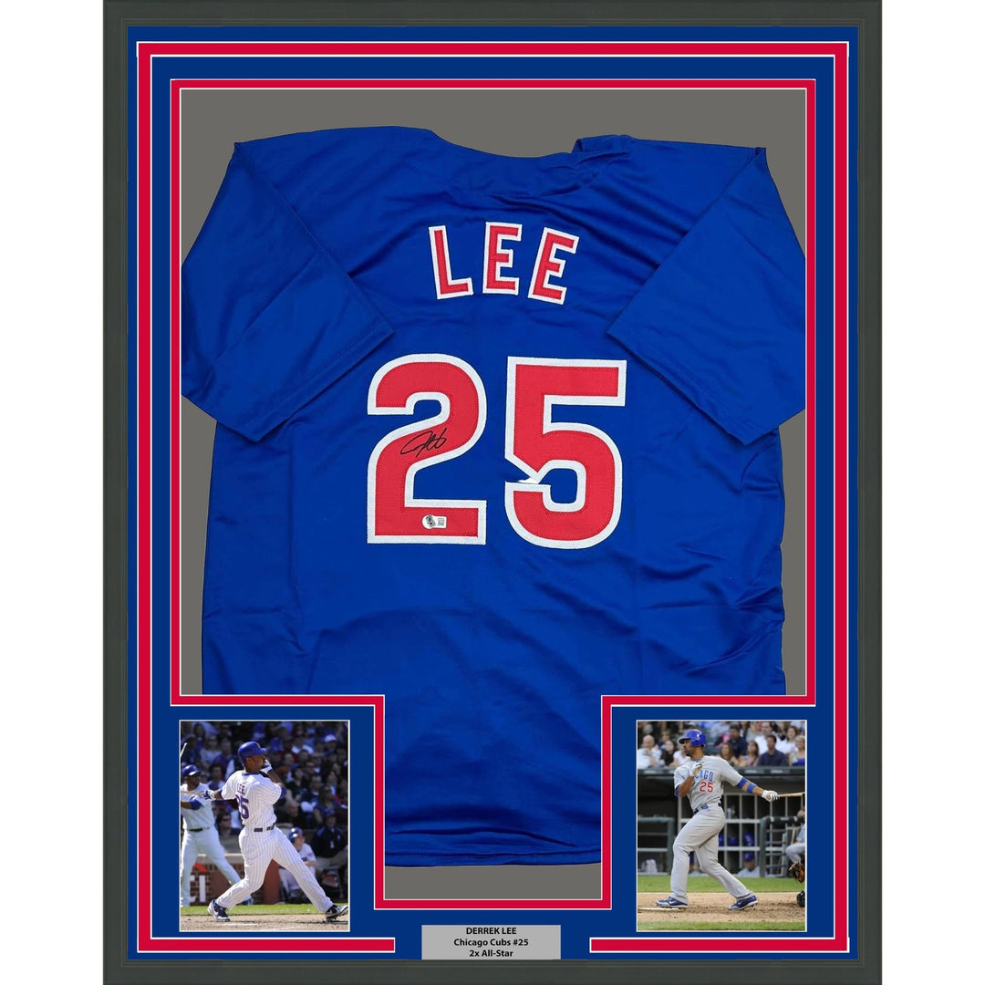 Framed Autographed/Signed Derrek Lee 35x39 Chicago Blue Jersey Beckett COA
