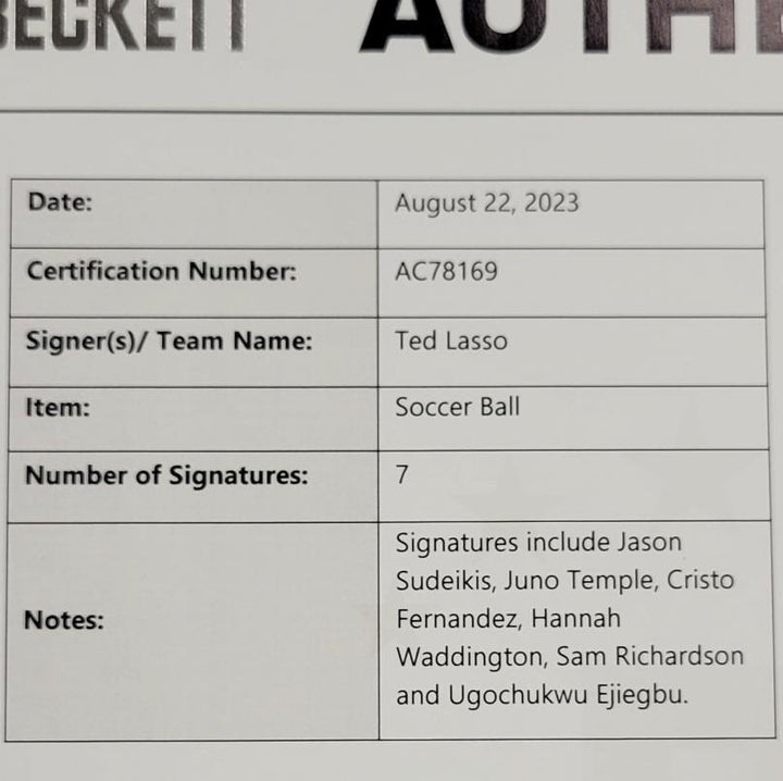 Ted Lasso Cast signed Soccer Ball Sudeikis Waddington 7 autographs Beckett BAS