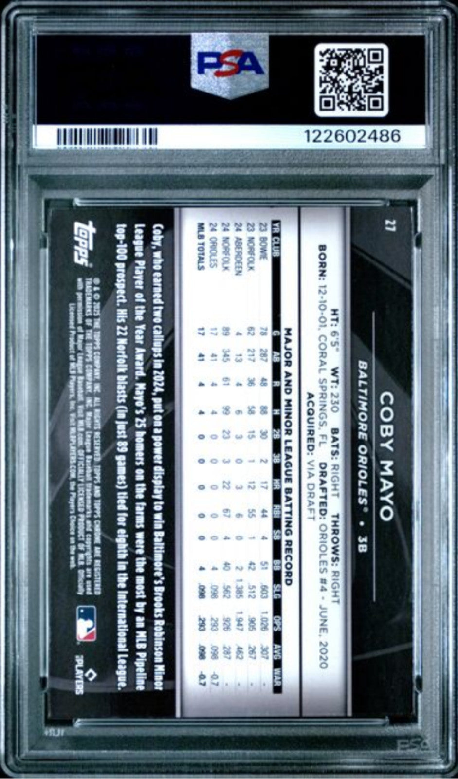 Graded 2025 Topps Chrome Black Coby Mayo #27 Rookie RC Baseball Card PSA 10 Mint