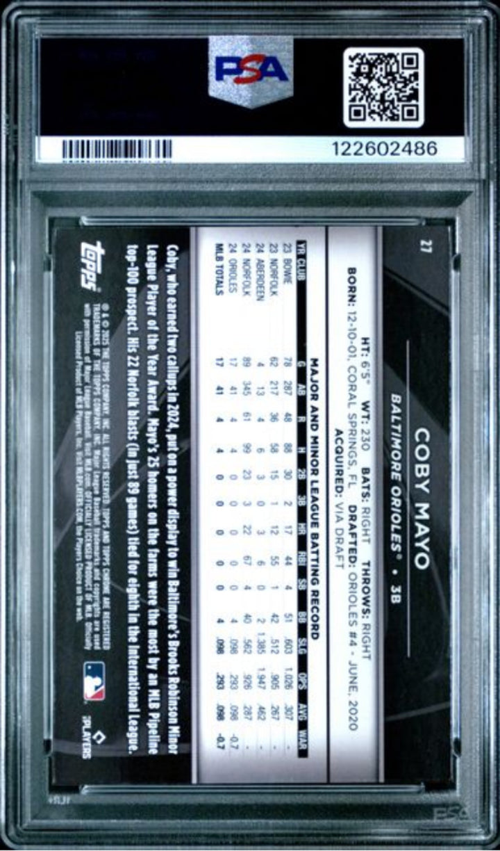 Graded 2025 Topps Chrome Black Coby Mayo #27 Rookie RC Baseball Card PSA 10 Mint