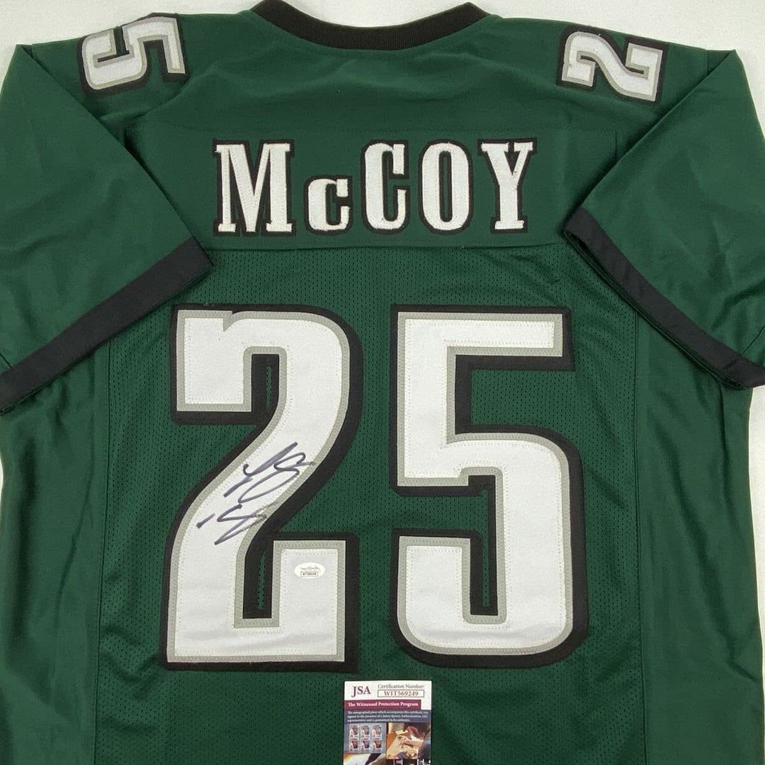 Autographed/Signed LESEAN MCCOY Philadelphia Green Football Jersey JSA COA Auto