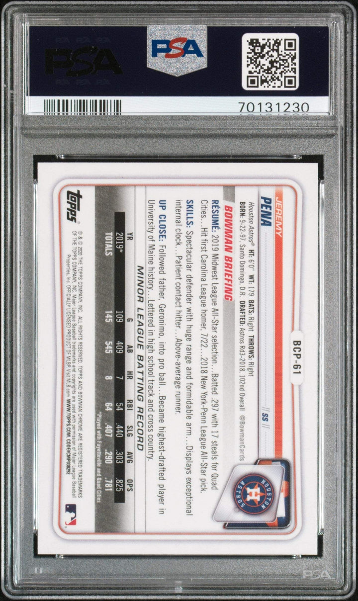 Graded 2020 Bowman Chrome Jeremy Pena #BCP61 Prospects RC Baseball Card PSA 10