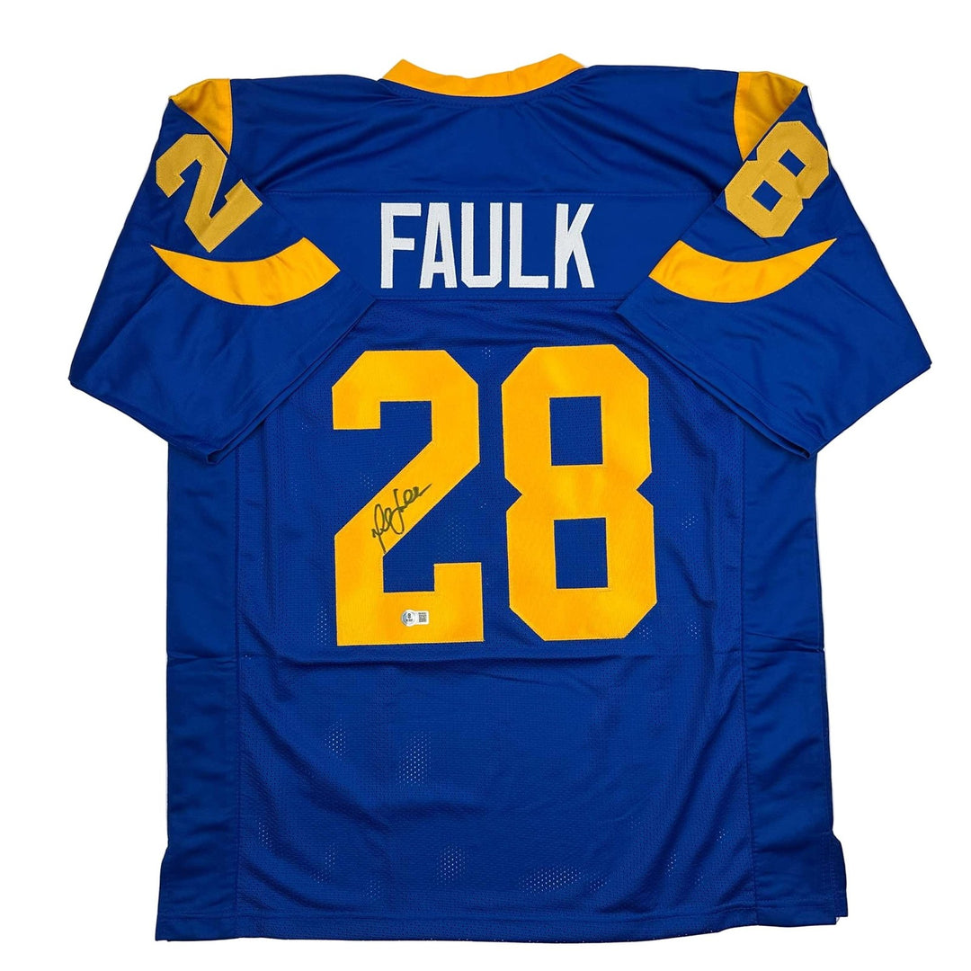 Autographed/Signed Marshall Faulk St. Louis Blue Jersey Beckett BAS COA