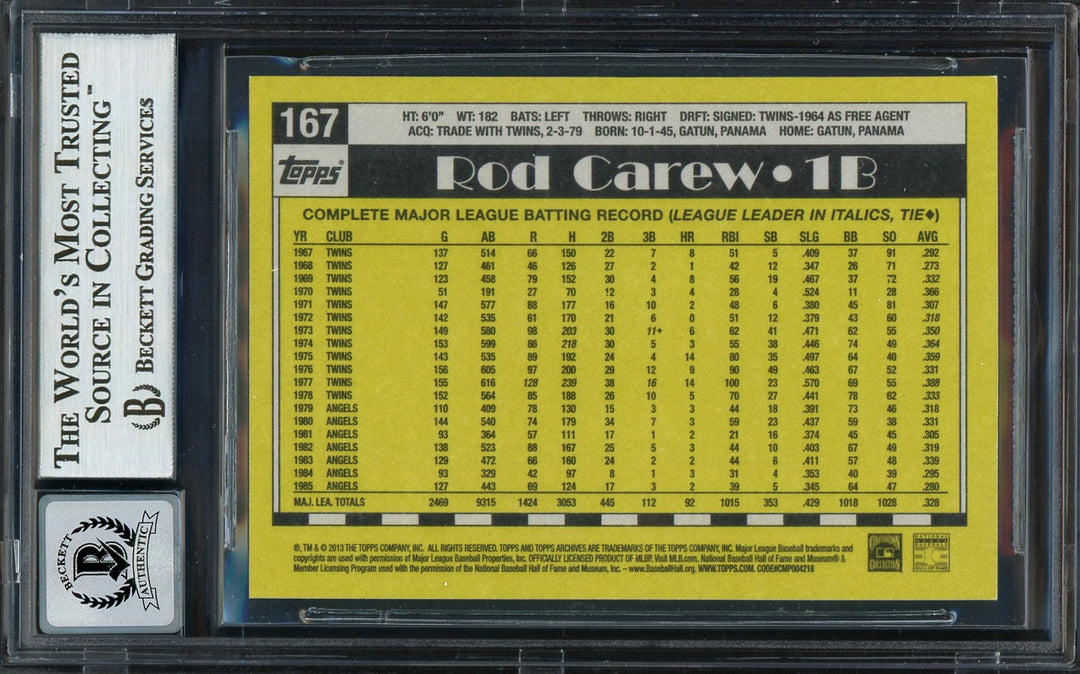 Rod Carew Auto 2013 Topps Archives Card 167 California Angels Auto GM 10 Beckett
