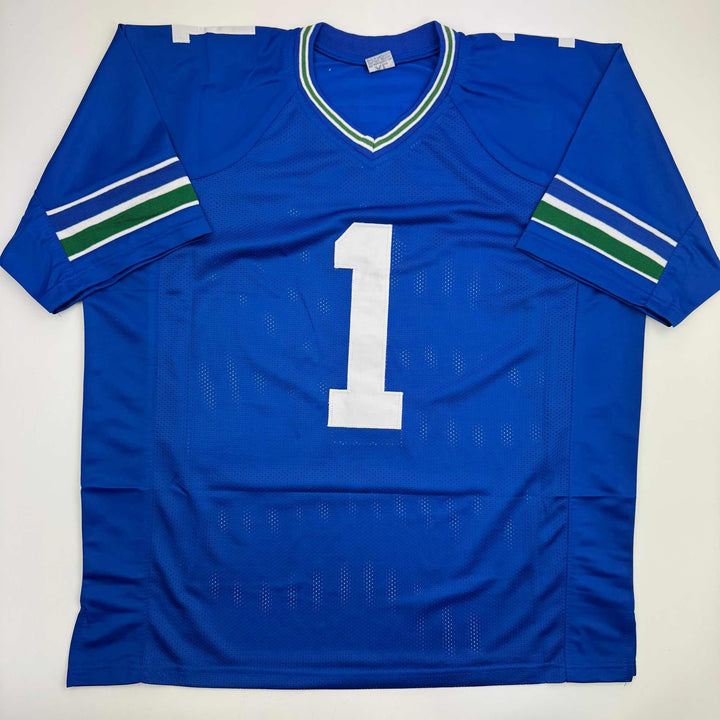 Autographed/Signed Warren Moon HOF 06 Seattle Blue Retro Jersey Beckett BAS COA