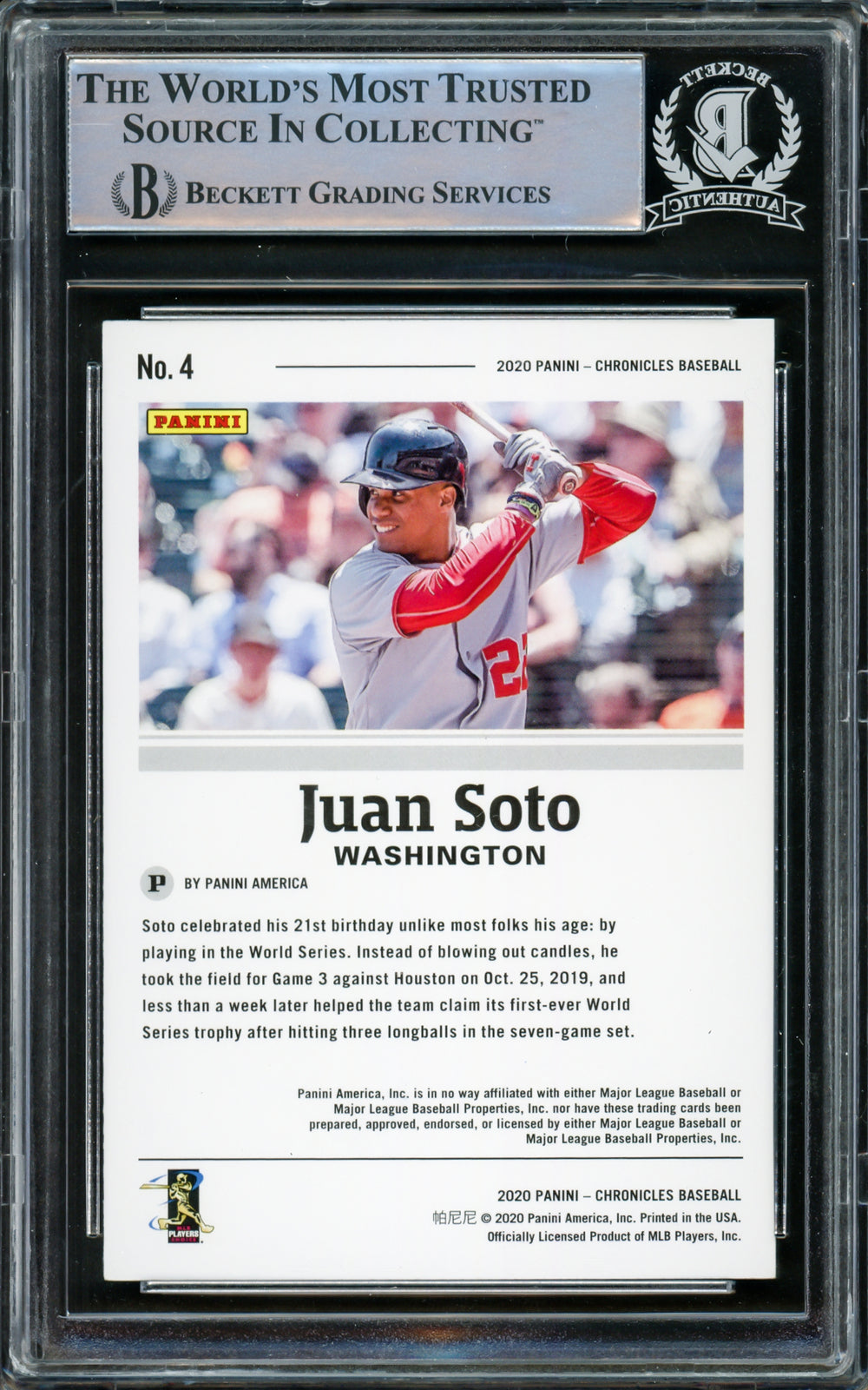 Juan Soto Autographed 2020 Panini Chronicles Card #4 Yankees Beckett #15866916