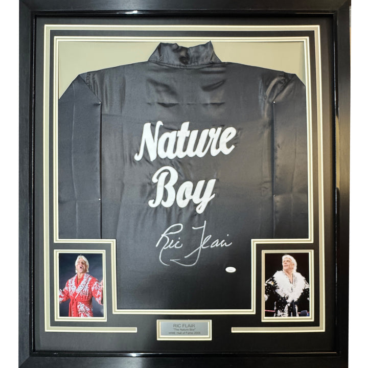 Framed Autographed/Signed Ric Flair 35x39 Nature Boy Black Replica Robe JSA COA