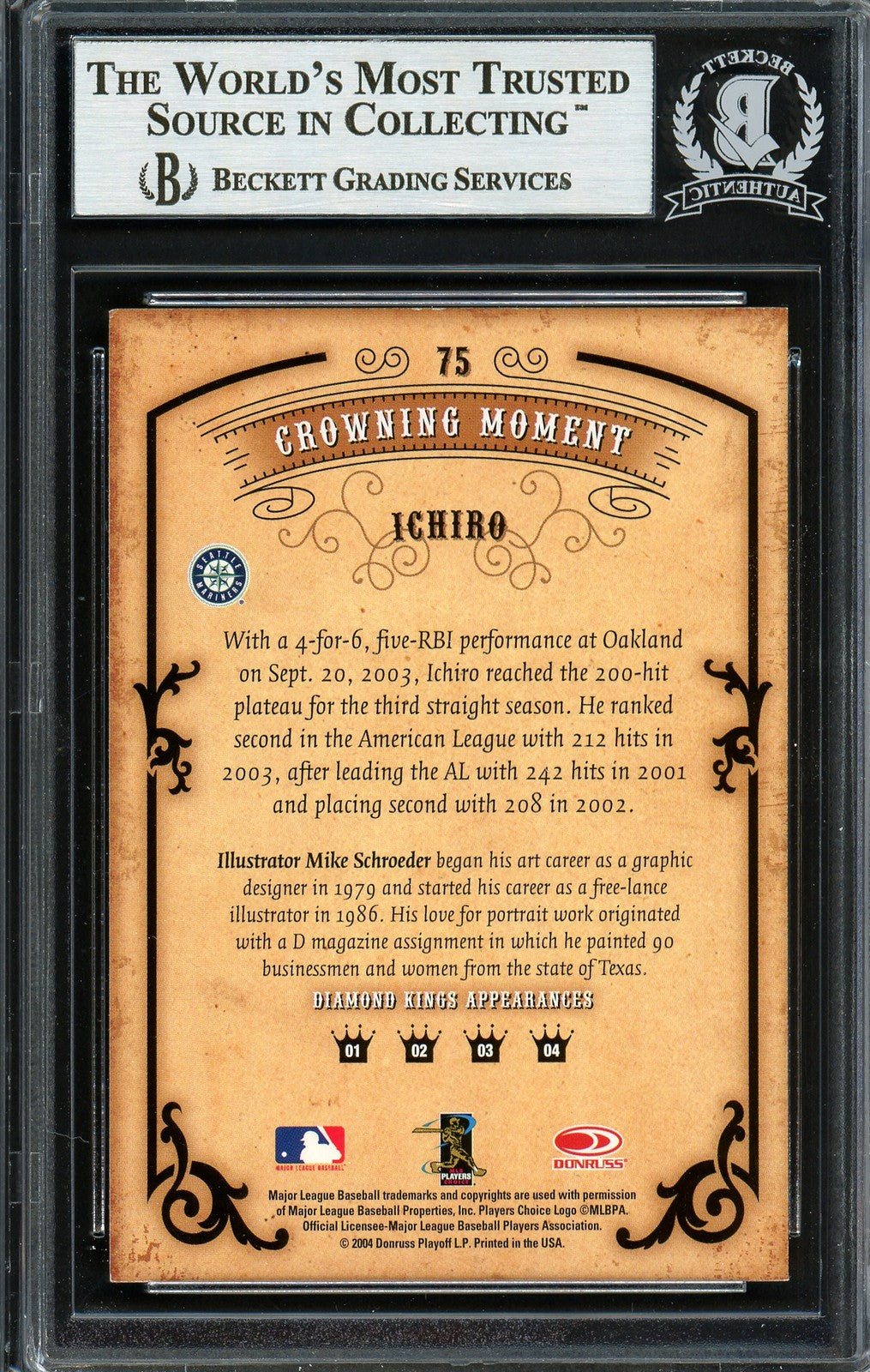 Ichiro Suzuki Signed 2004 Donruss Diamond Kings Card 75 Seattle Mariners Beckett