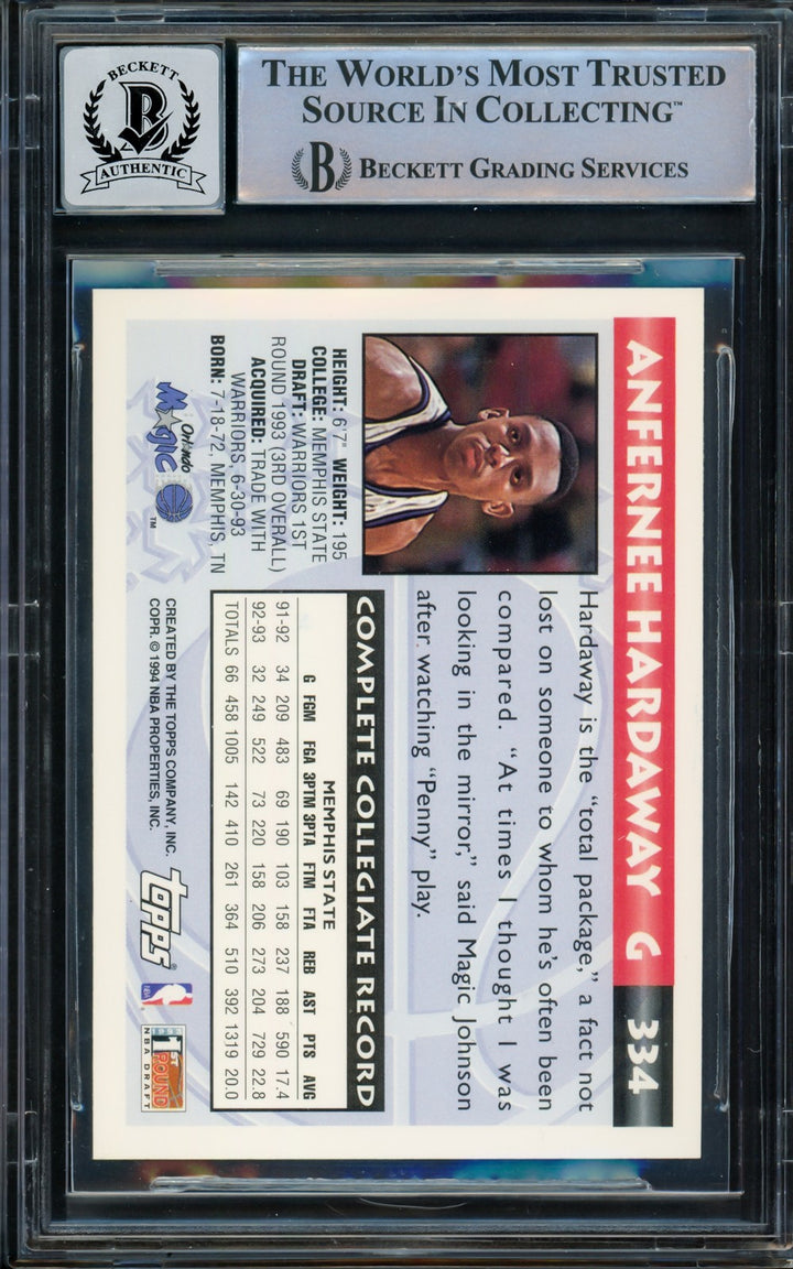 Anfernee Hardaway Auto Signed 1993-94 Topps Gold RC 334 Magic Auto GM 10 Beckett