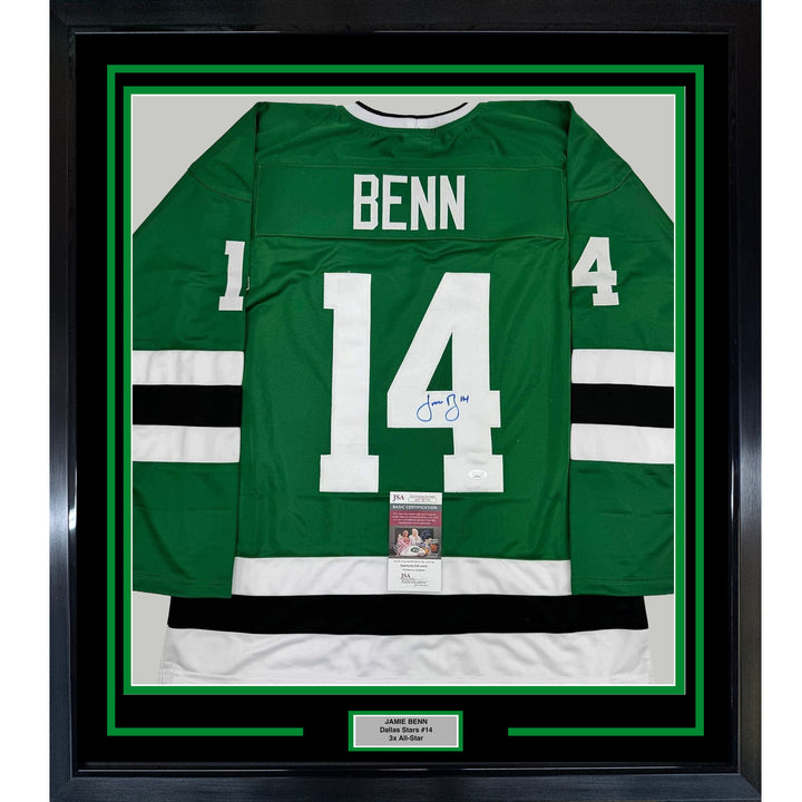 Framed Autographed/Signed Jamie Benn 35x39 Dallas Green Retro Jersey JSA COA