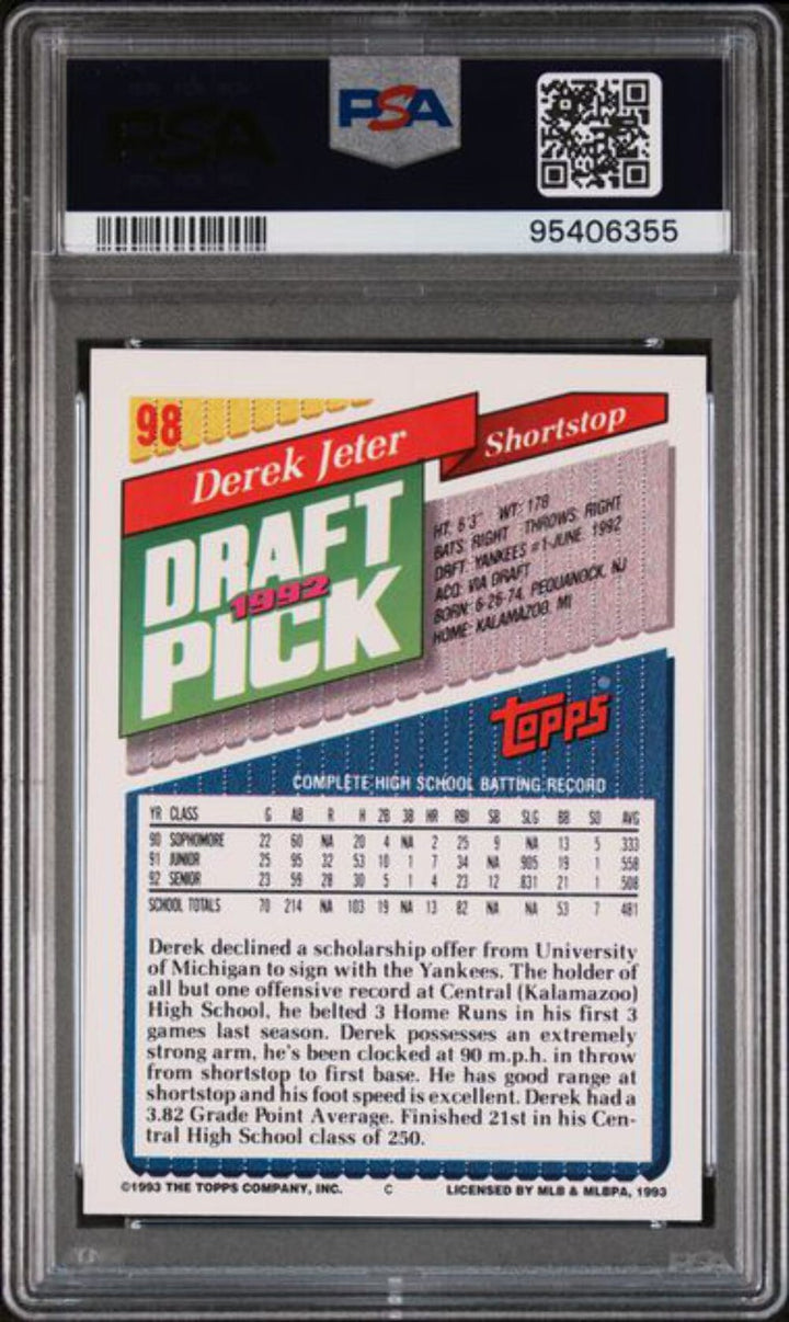 Graded 1993 Topps Derek Jeter #98 Rookie RC Baseball Card PSA 9 Mint