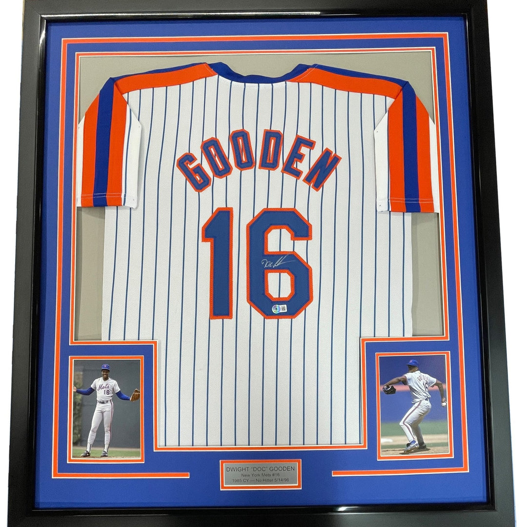 FRAMED Signed DWIGHT DOC GOODEN 35x39 NY Pinstripe Jersey PSA COA