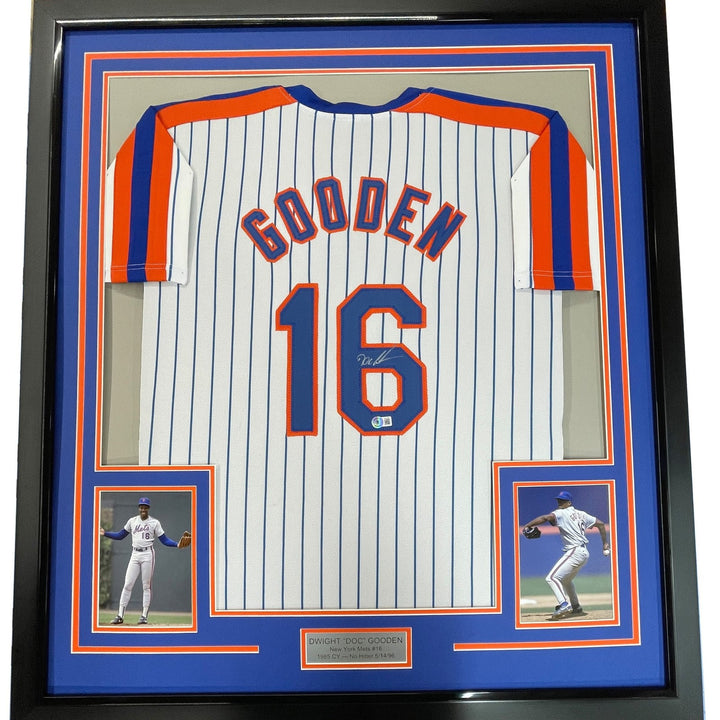 FRAMED Signed DWIGHT DOC GOODEN 35x39 NY Pinstripe Jersey PSA COA