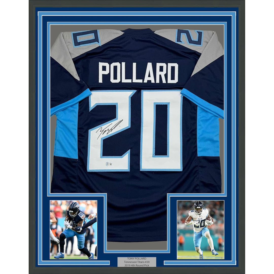 Framed Autographed/Signed Tony Pollard 35x39 Tennessee Blue Jersey Beckett COA