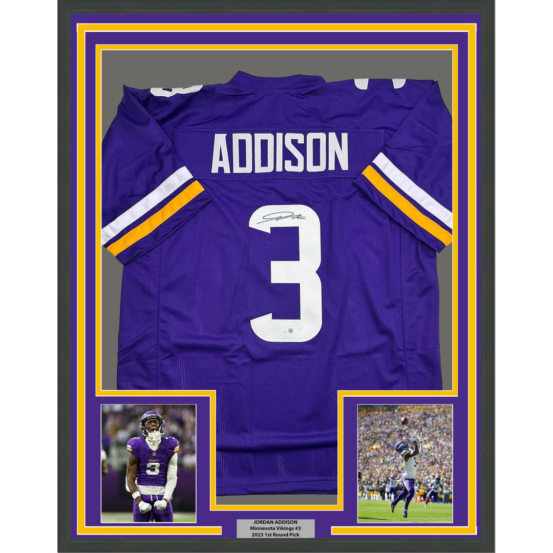 Framed Autographed/Signed Jordan Addison 35x39 Minnesota Purple Jersey JSA COA