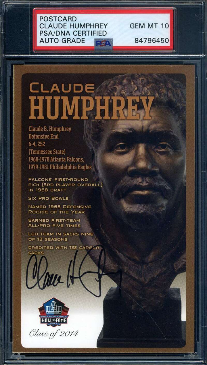 Claude Humphrey Gem Mint 10 PSA DNA Signed HOF Bronze Bust Postcard Autographed