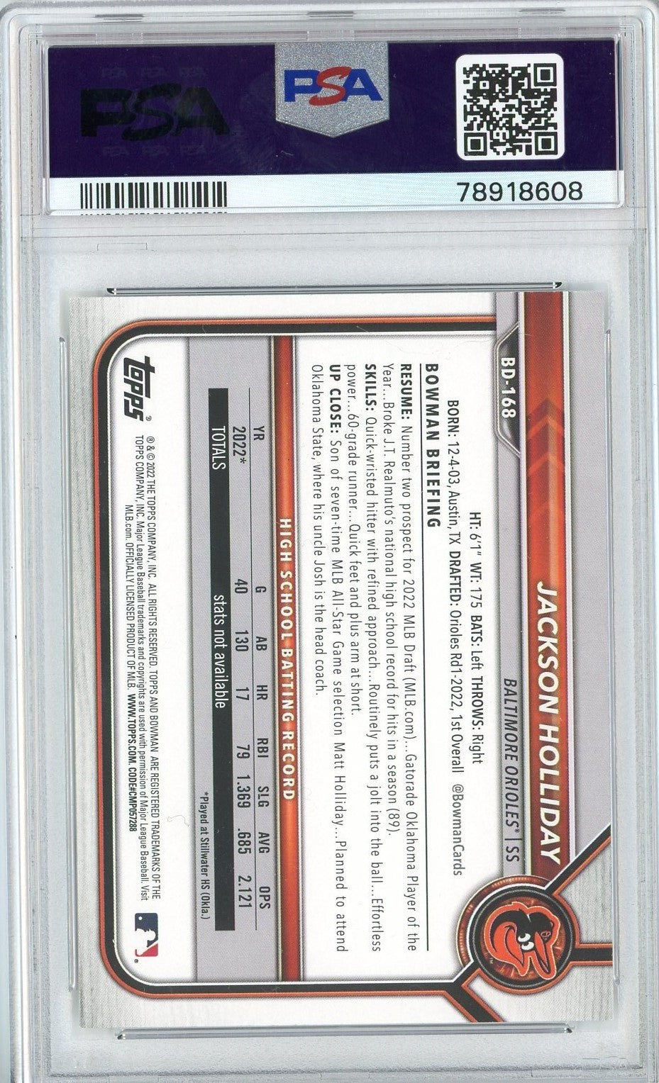 Graded 2022 Bowman Draft Jackson Holliday #BD168 Rookie RC Card PSA 10