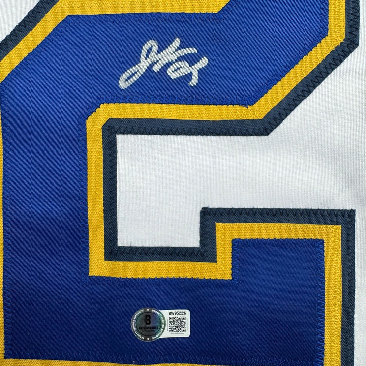 Autographed/Signed Jordan Kyrou St. Louis White Hockey Jersey Beckett BAS COA
